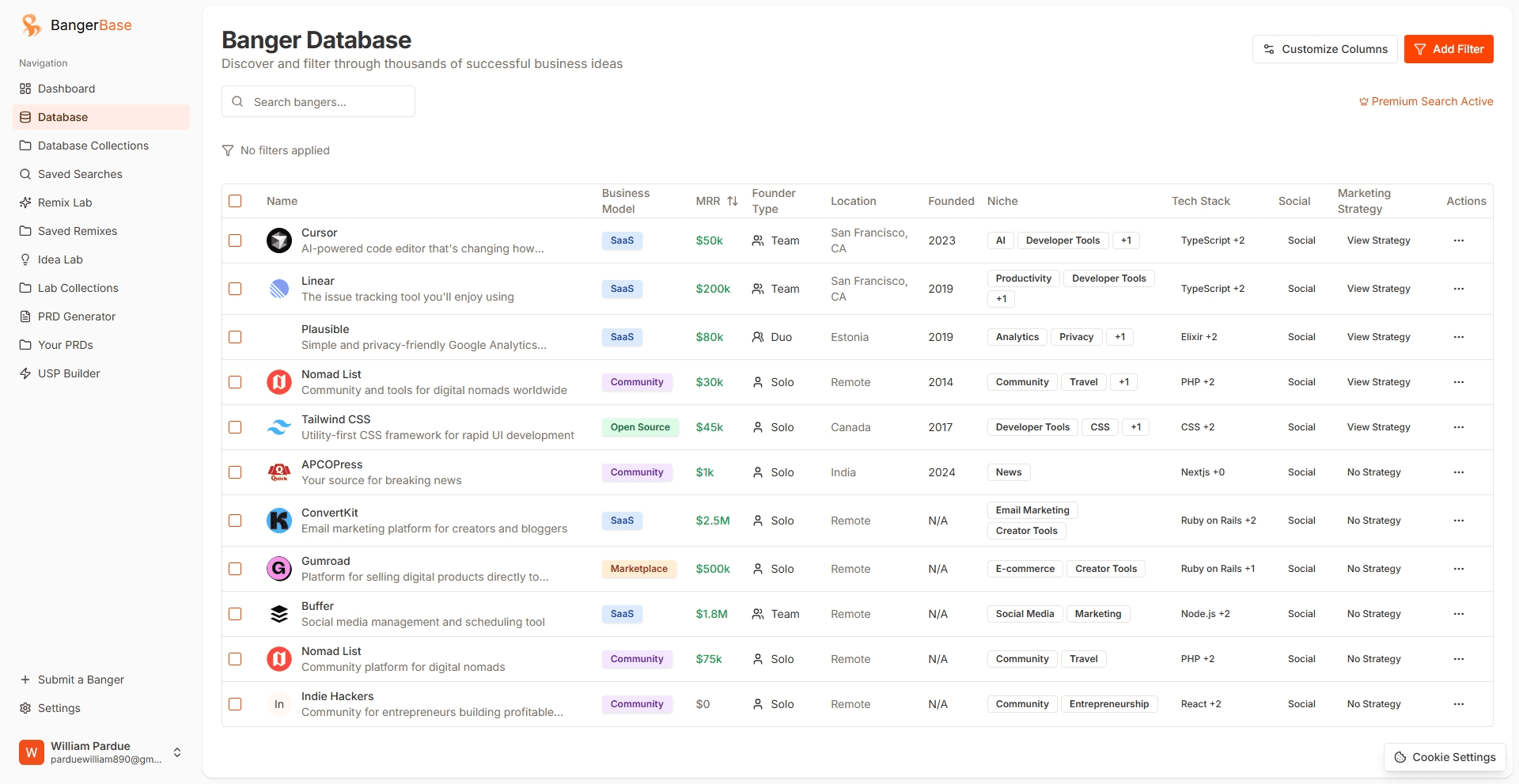 Banger Database interface showing SaaS companies