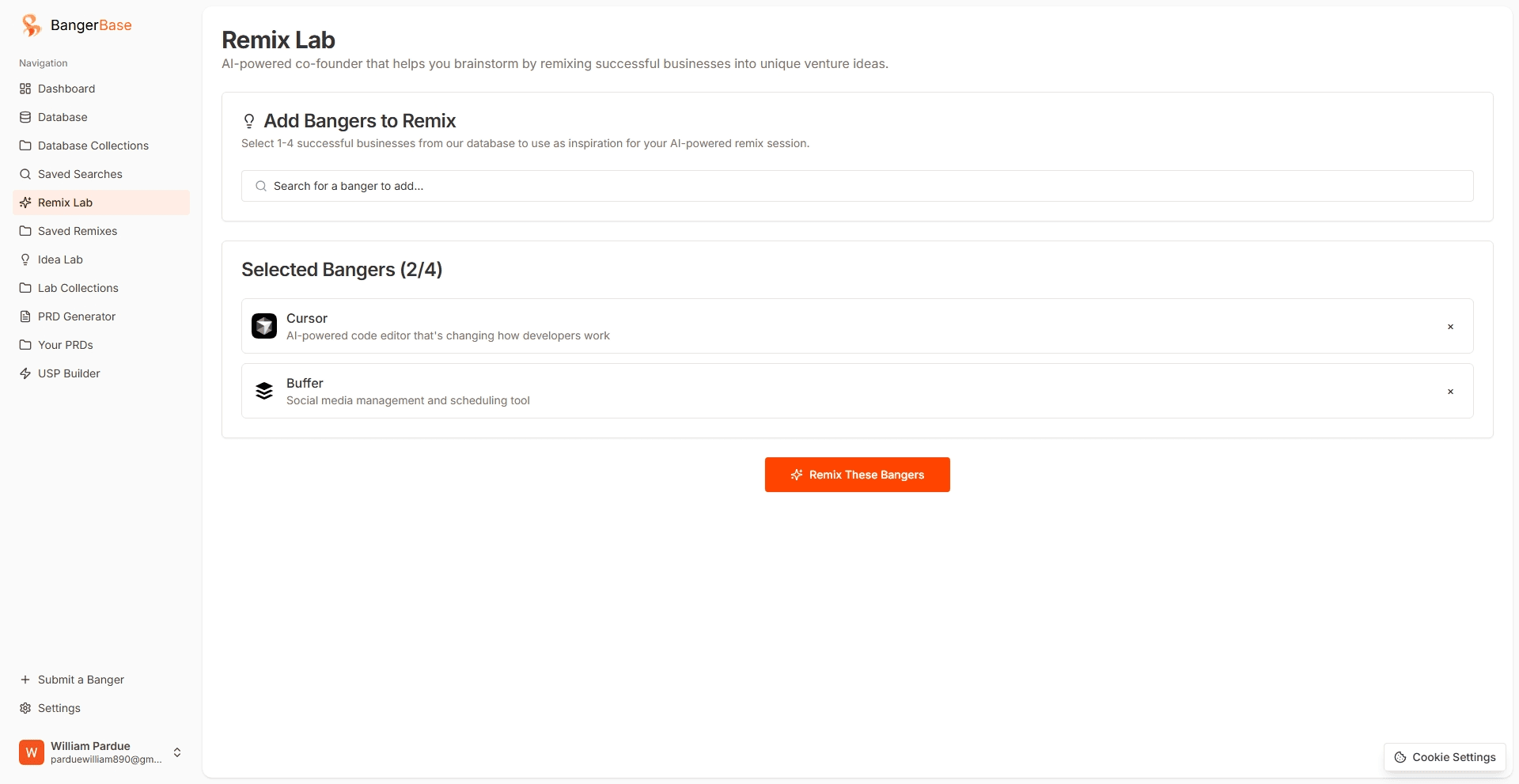 Remix Lab interface showing business model combinations
